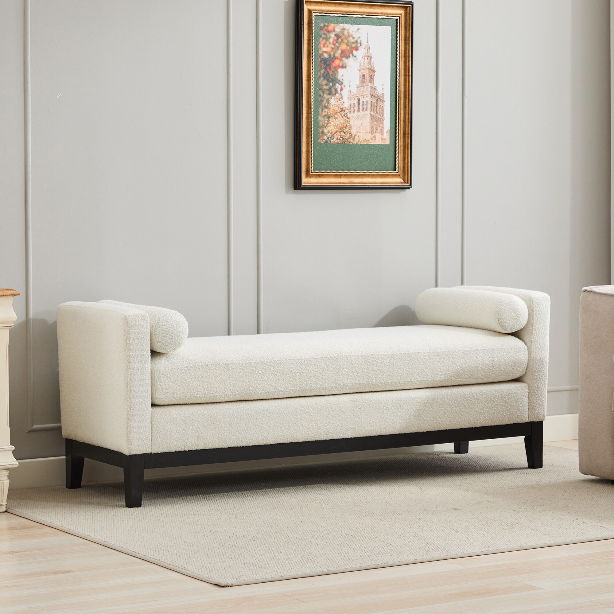 66.34"W Elegant Upholstered Bench, Daybed, Ottoman with Wood Legs & 2 Bolster Pillows for Bed End, Bedroom, Living Room
