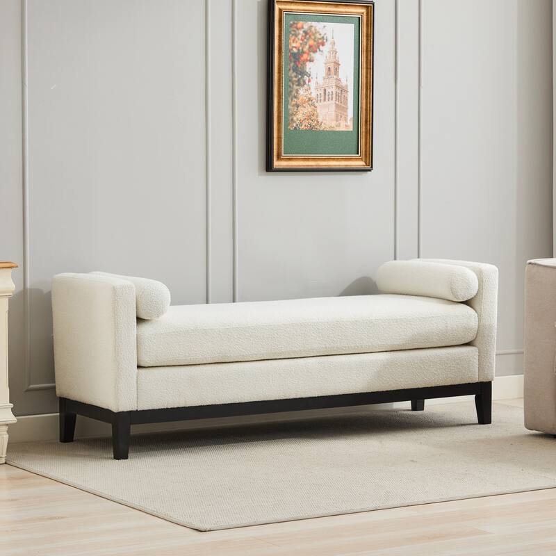 66.34"W Elegant Upholstered Bench, Ottoman with Wood Legs & 2 Bolster Pillows for End of Bed, Bedroom, Living Room, Entryway - Ivory