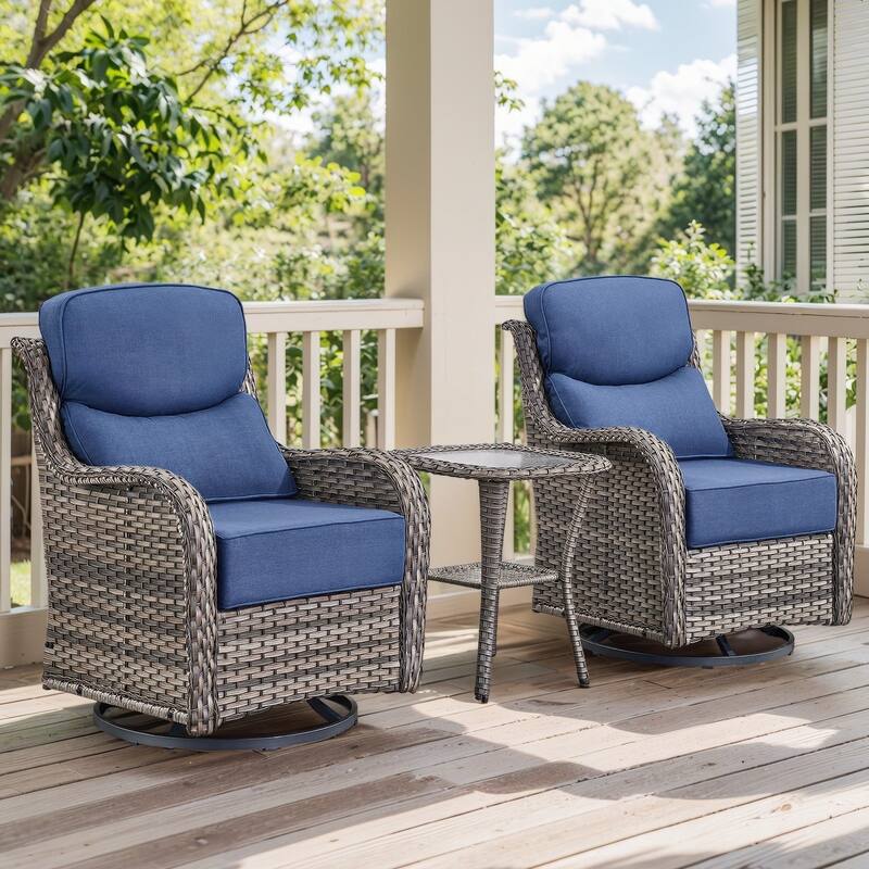Outdoor Swivel Glider Rattan Chair Set - 3PCS Swivel Chair with Side Table - Grey Rattan - Blue Cushion