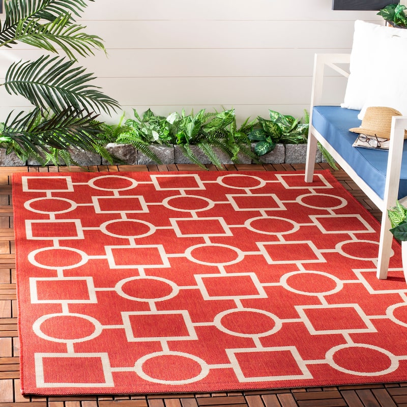 SAFAVIEH Courtyard Sharlene Indoor/ Outdoor Waterproof Patio Backyard Rug - 4' x 5'7" - Red/Bone