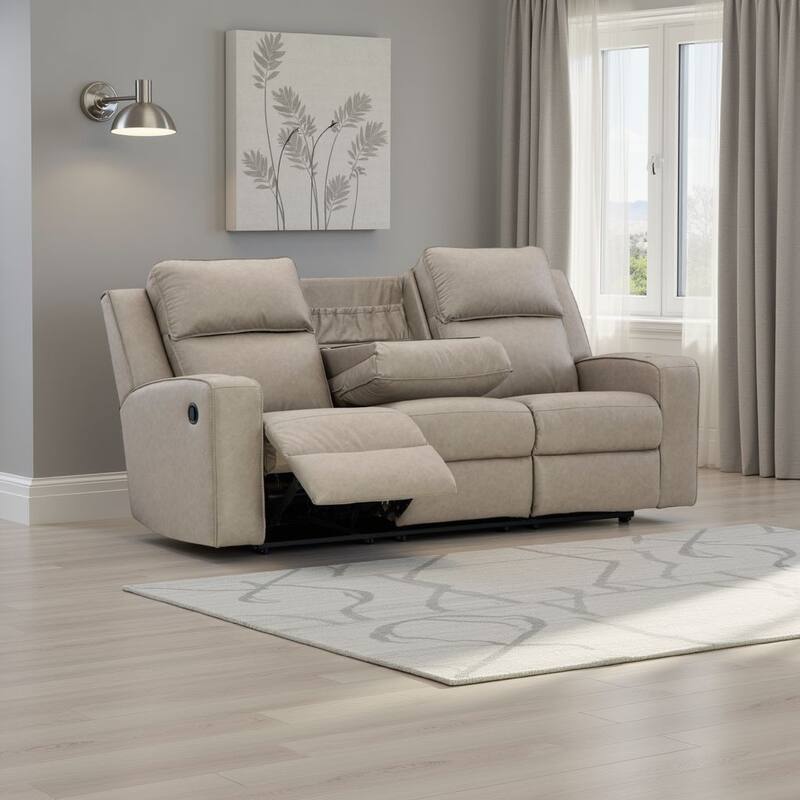 Livie Manual Recliner Sofa, USB, Table, 87in Beige Gray Faux Leather