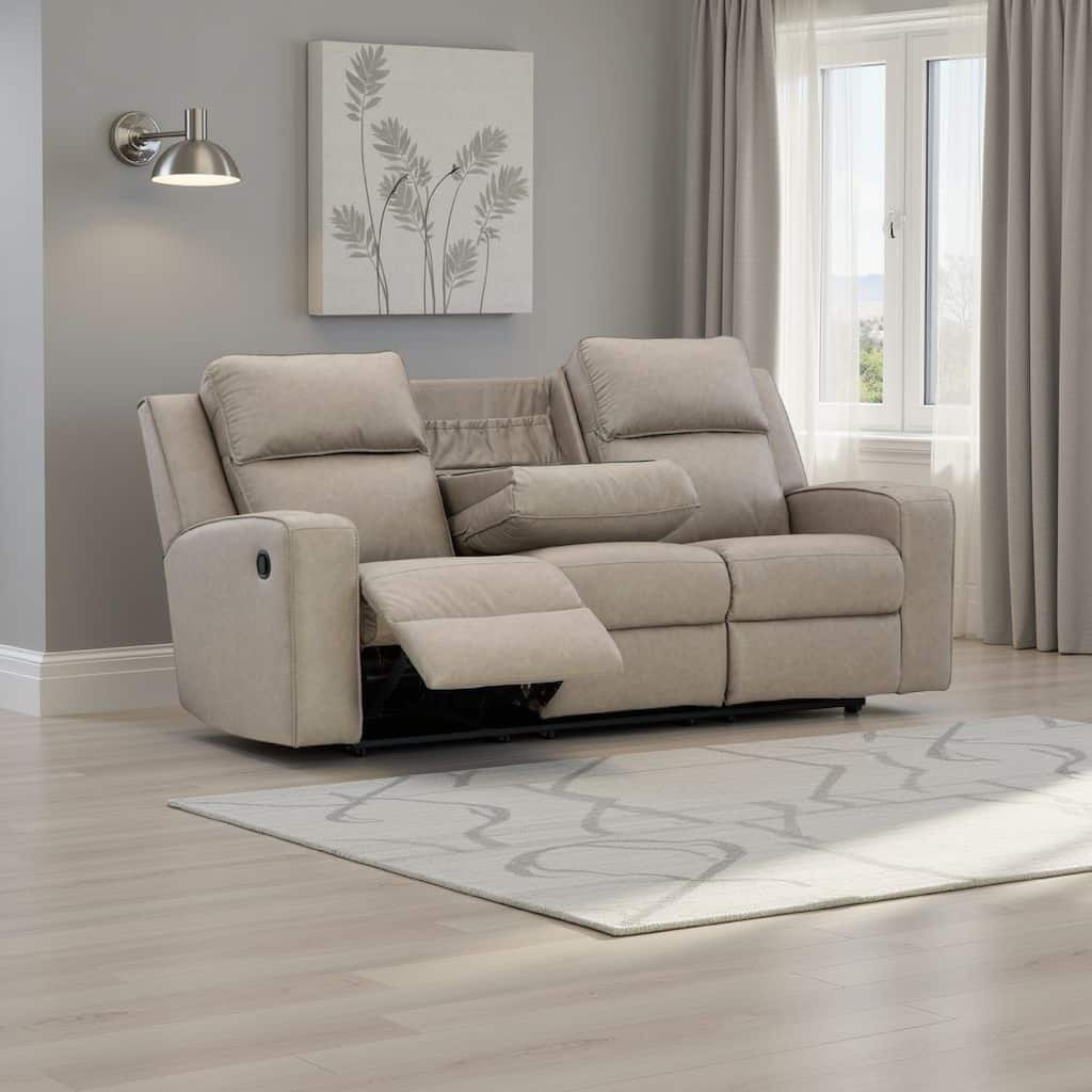 Livie Manual Recliner Sofa, USB, Table, 87in Beige Gray Faux Leather
