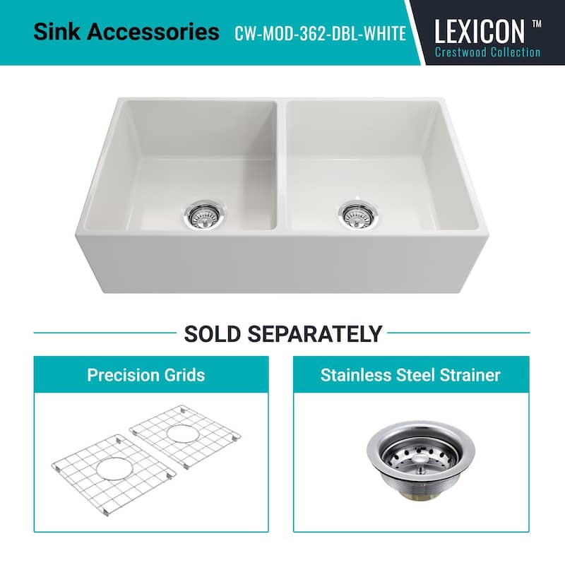 36 x 19 Inch Fireclay Kitchen Sink, Farmhouse Sink, White Fireclay Kitchen Sink, Double Bowl Apron Front, Plain... - 36"x19"