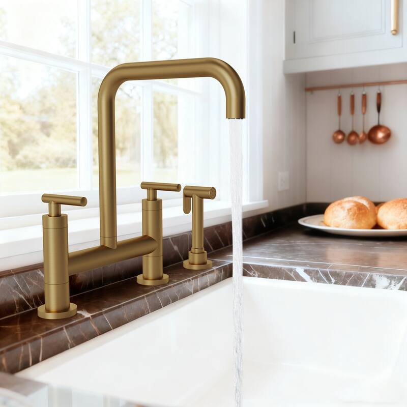 2-Handle Deck Mount Kitchen Faucet 2-Hole Bridge Kitchen Faucet with Side Sprayer