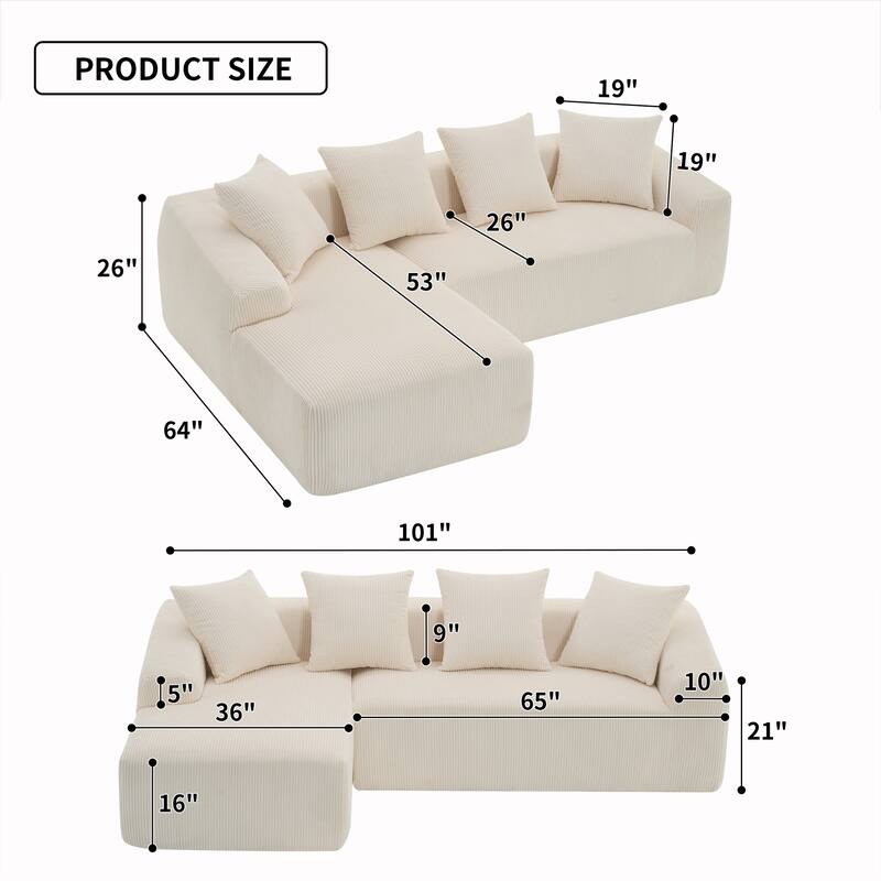 101.6" L-Shaped Corduroy Sectional Sofa with Chaise & Pillows