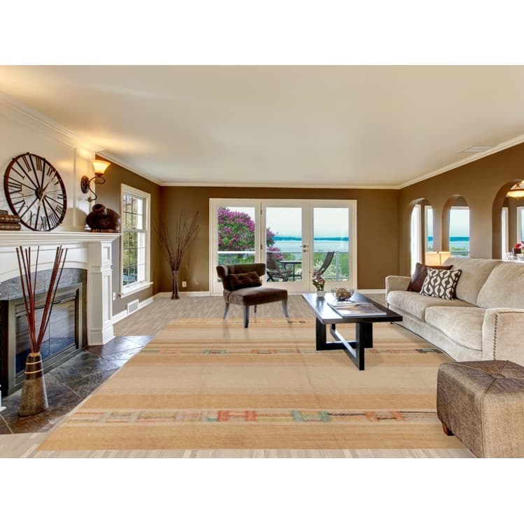 Hand Woven Oriental 100% Jute Carpet Modern Stripe Beige & Ivories Kilim Area Rug - 13' 11'' X 10' 3''