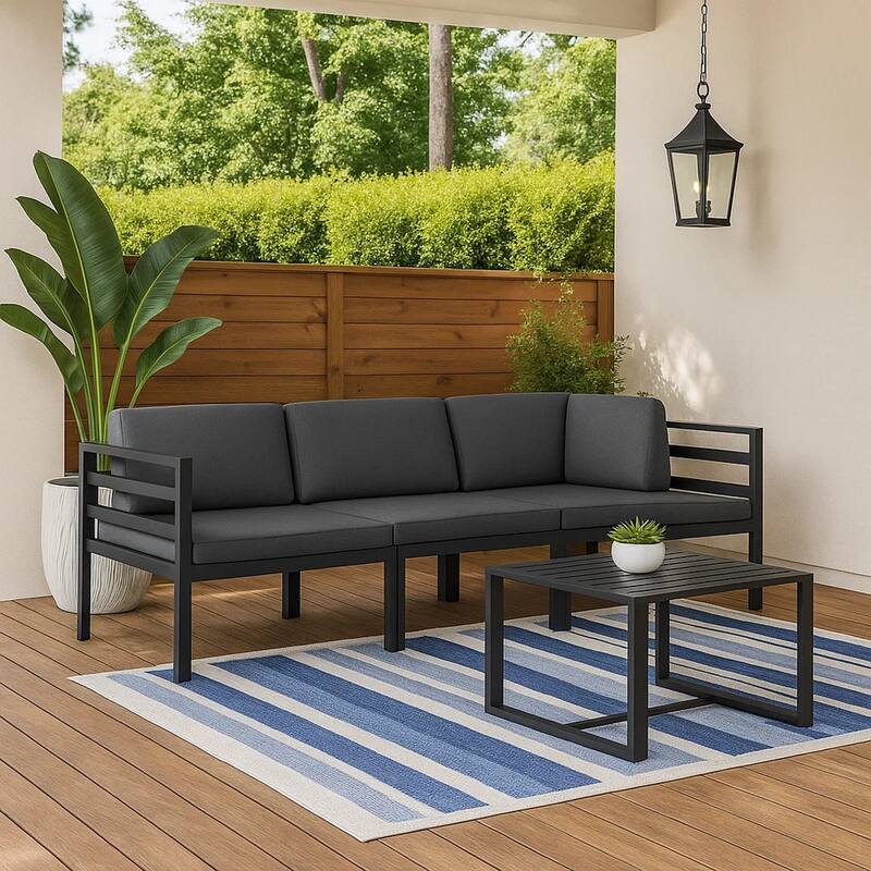 Shina 4pc Outdoor Modular Sofa Set, Dark Gray Aluminum, Cushions