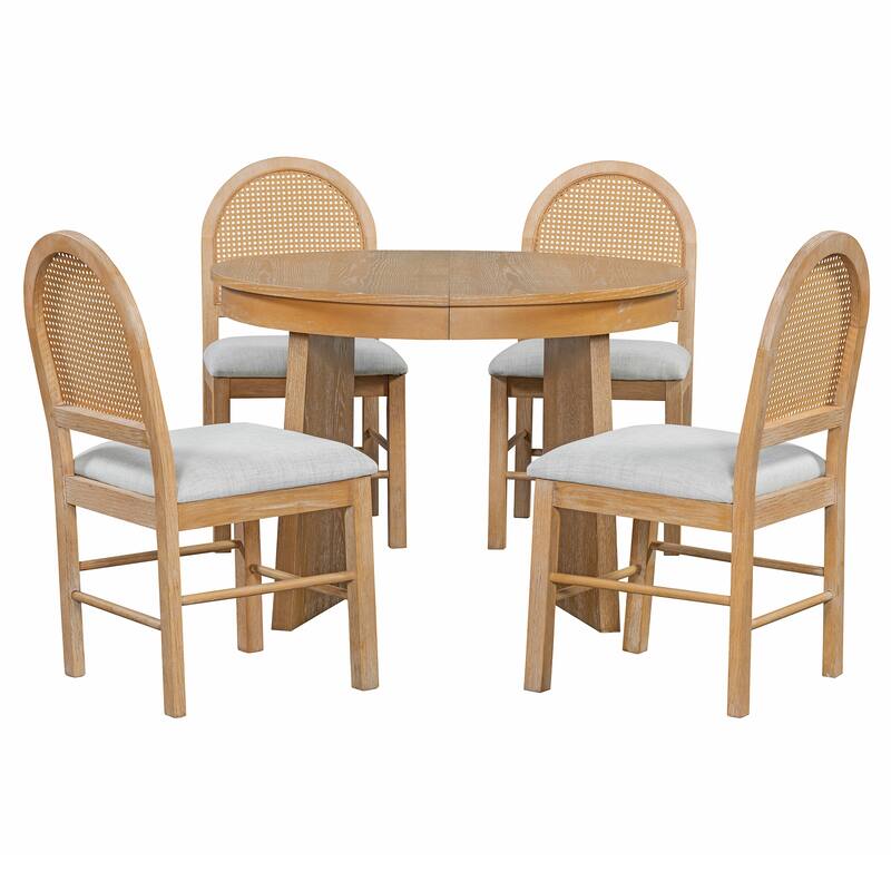 5-Piece Retro Rattan-Back Extendable Round Dining Set with Upholstered Linen Seats by Harper&Bright Designs