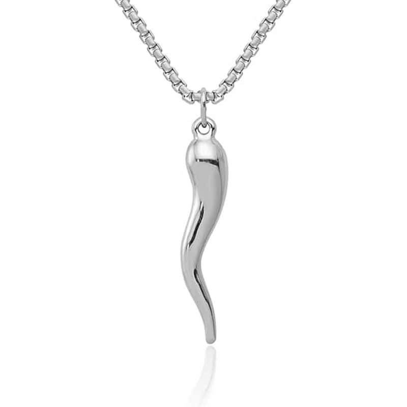 Curata 14k Yellow or White Gold 18" 29x5mm Italian Horn Cornicello Good Luck Necklace - White Gold