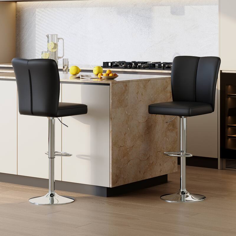 Modern 2-Piece PU Bar Stool Set — Smooth-Lined Backrest & Silver Trumpet Legs for Bar, Living Room, Lounge