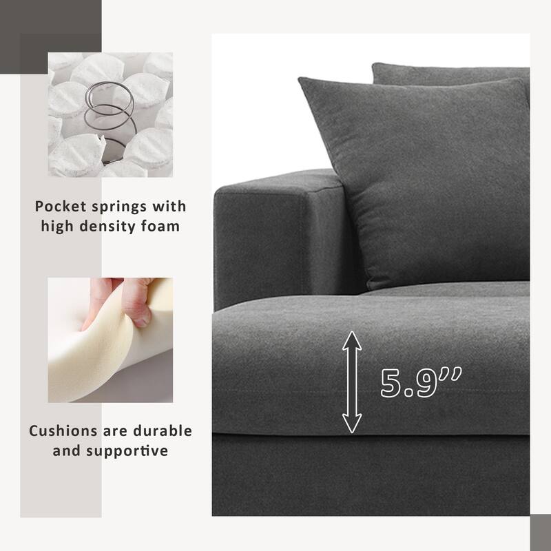Grey 100.4'' Polyester L-Shaped 4-Seat Sectional Sofa Couch with Convertible Ottoman and 2 Pillows, Contemporary Design