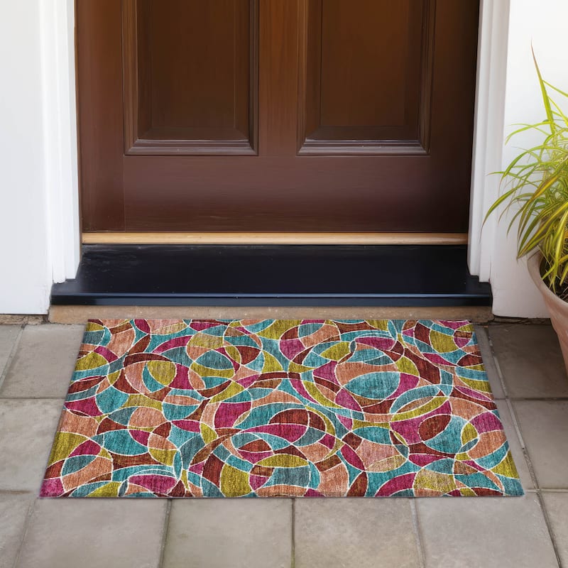 Machine Washable Indoor/Outdoor Casual Mosaic Chantille Rug - Merlot - 1'8" x 2'6"