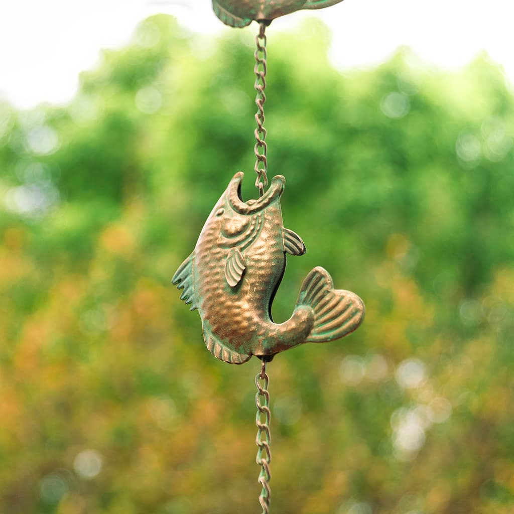 Glitzhome 102"L Faux Copper Patina Finish Fish Shaped Rain Chain with Clip