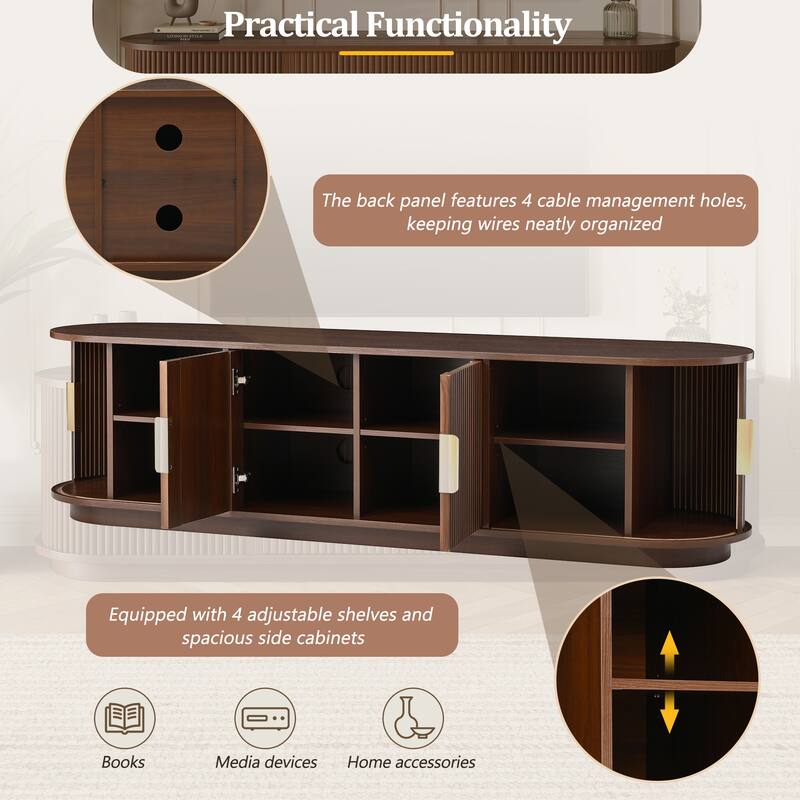 Roomfitters Farmhouse TV Stand, Fluted Wooden Media Console with Sliding Tambour Doors, Adjustable Storage, for TVs up to 75"