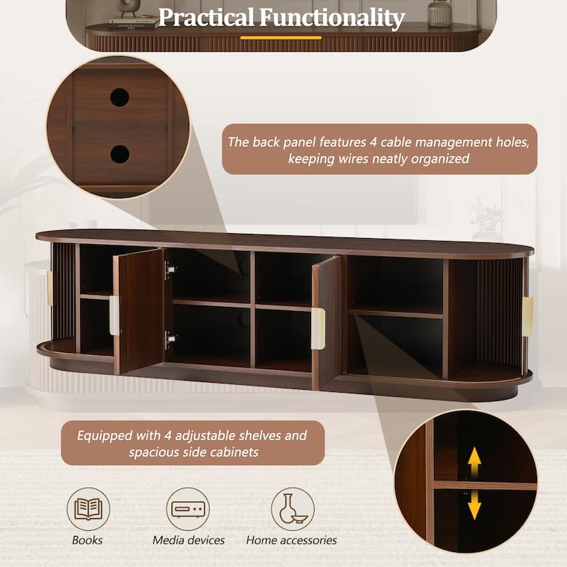 Wooden TV Stand with Sliding Tambour Door for TVs up to 75", Fluted TV Cabinet Media Console Table for Living Room