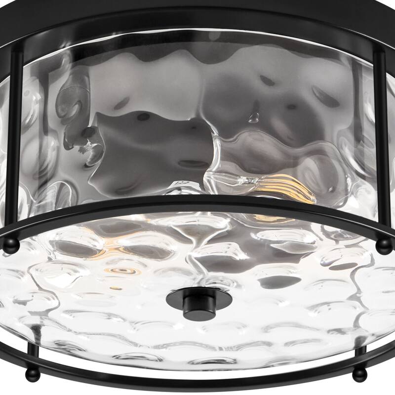 2-Light Flush Mount Water Rippled Glass Ceiling Light with Metal Frame