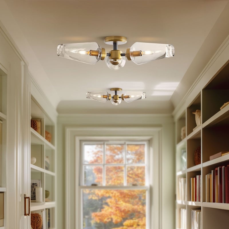 Cadenza Flush Mount - Metal, Glass & Gold, Crystal Clear 3-Light Ceiling Light for Living Room or Hallway in Contemporary Style