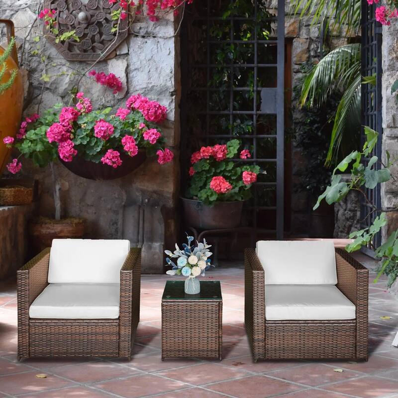 Wicker Bistro Patio Set, 2 Porch Chairs and Glass Table