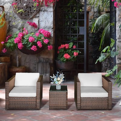 Wicker Bistro Patio Set, 2 Porch Chairs and Glass Table