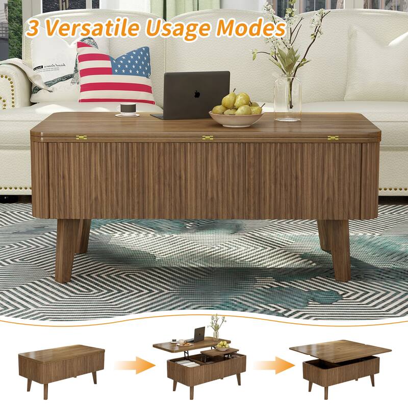 3 in 1 Walnut Lift Top Convertible Coffee Table, Oval Wooden with Storage for Small Spaces