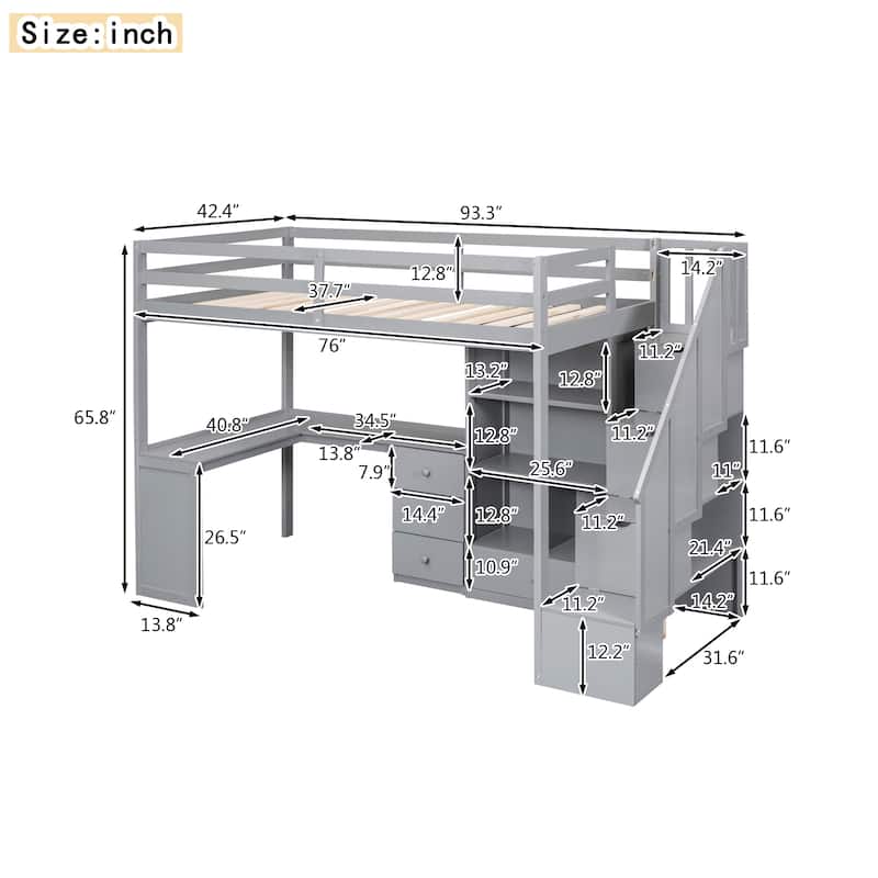 Twin Size Loft Bed with L-Shaped Desk and Drawers