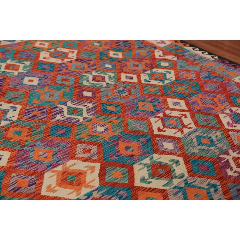 All-Over Geometric Kilim Oriental Area Rug Flatweave Wool Carpet - 8'4" x 9'8"