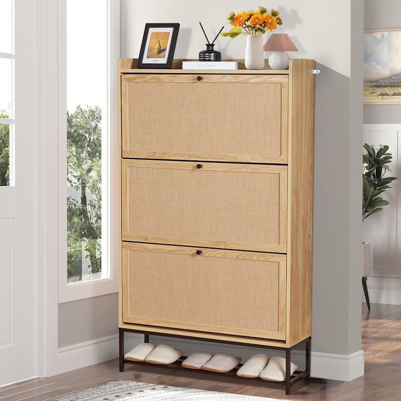 Wooden Shoe Storage Cabinet with triple-tier flip-up drawer - Natural