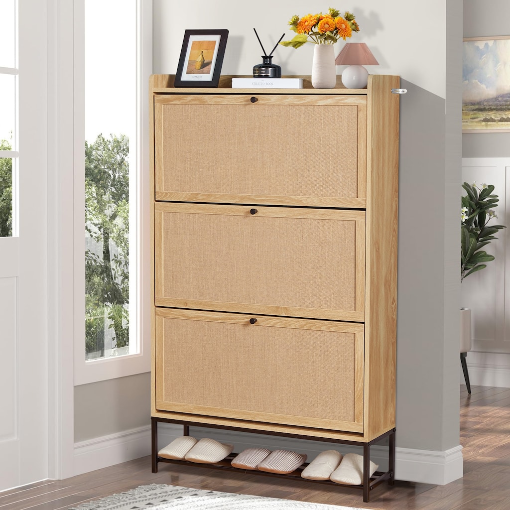 Wooden Shoe Storage Cabinet with triple-tier flip-up drawer