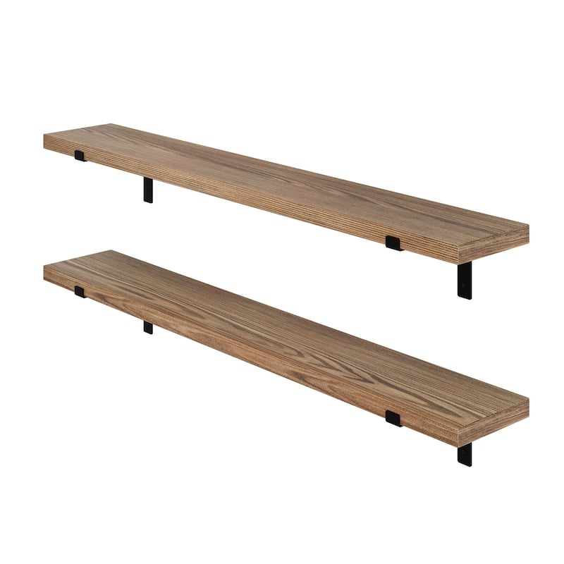 Wallniture Menton 60" x 9.25" Rustic Shelves for Wall Decor, Floating Book Shelves, Wall Mounted, Living Room Decor, Burnt, 2 Pc