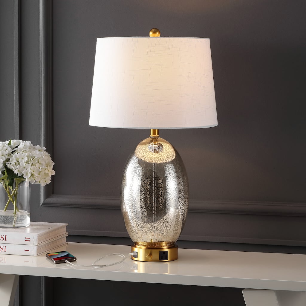 Alexander 26.5" 1-Outlet Contemporary Style Iron/Glass LED Table Lamp with USB Charging Port, by JONATHAN Y