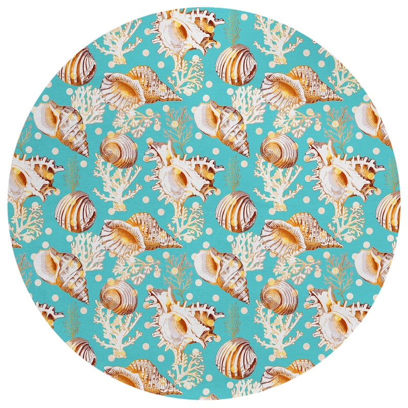 Indoor/ Outdoor Surfside Coral Shells Washable Rug New - Aqua - 8' x 8'