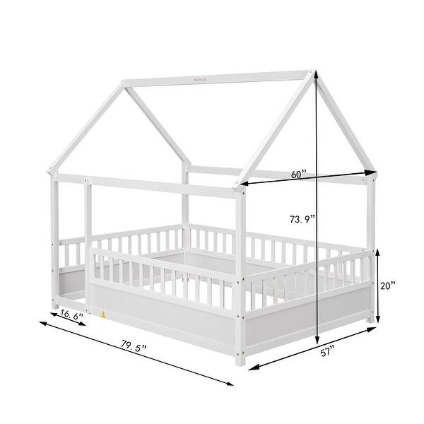 dimension image slide 0 of 2, Full House Frame Floor Bed with Fence and Roof - Safe and Fun for Kids