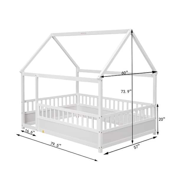 Full Size Floor Bed Wooden House-shaped Bed Frame with Fence Guardrails & Roof, Full Size Montessori Bed for Kids Boys Girls
