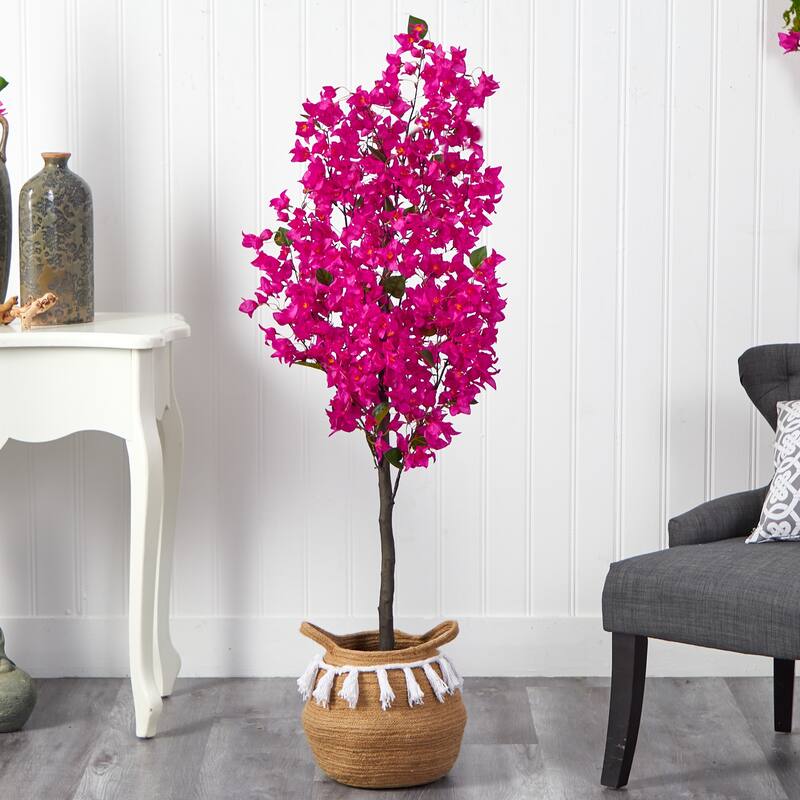 5' Artificial Bougainvillea Tree with Handmade Jute & Cotton Basket with Tassels