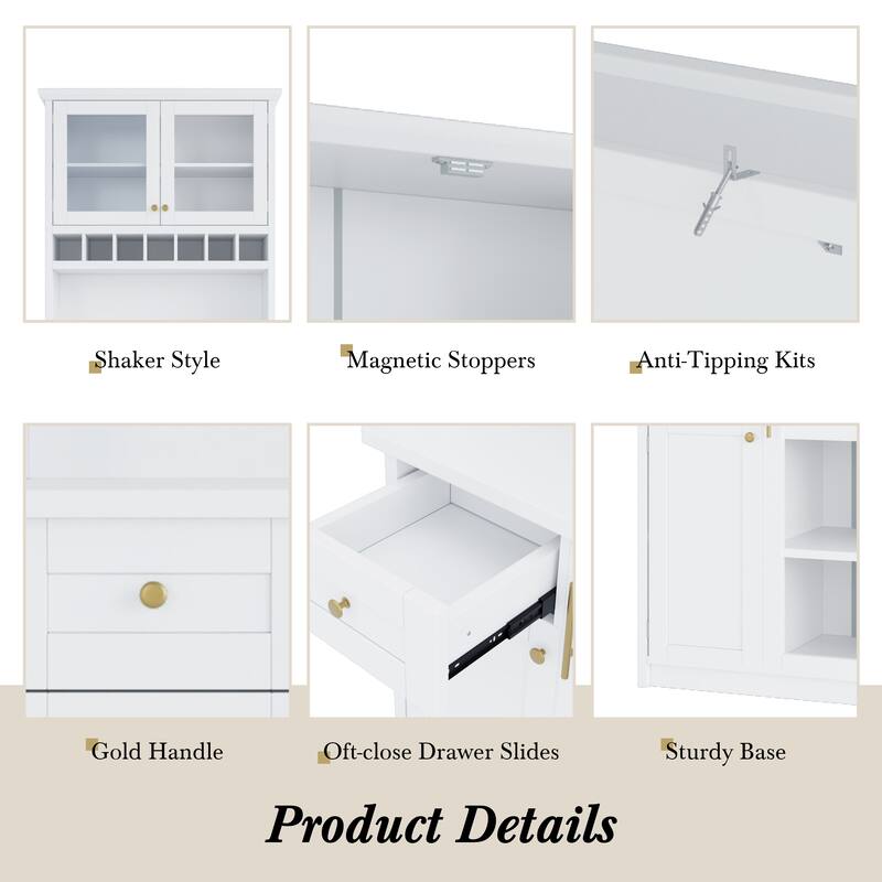 Roomfitters Farmhouse Kitchen Pantry Buffet Hutch with Wine Rack and Glass Doors, Tall Storage Cabinet