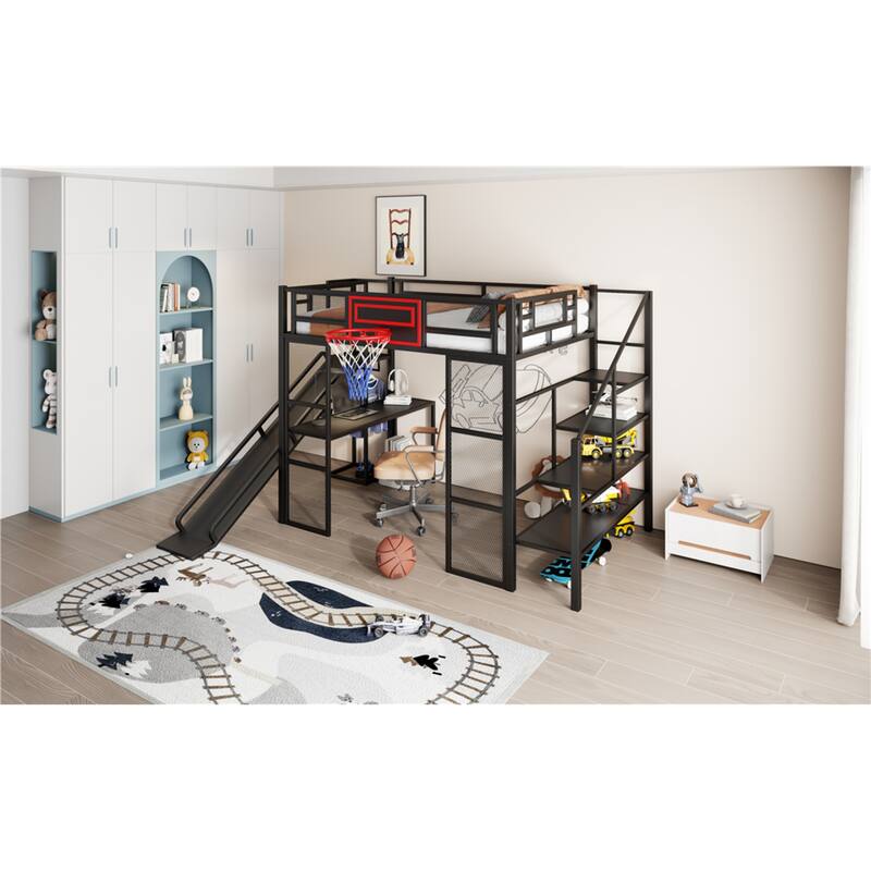 Roomfitters Full Metal Loft Bed with Slide, Desk, Wardrobe and Basketball Hoop, Black