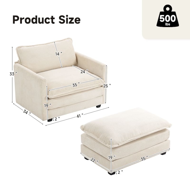 Corduroy Single Sofa Chair, including a Removable Ottoman