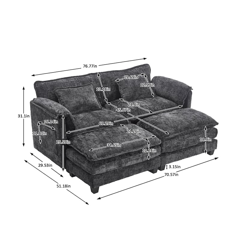Chenille Fabric Loveseat Sofa Couch with 2 Ottomans and Side Pockets
