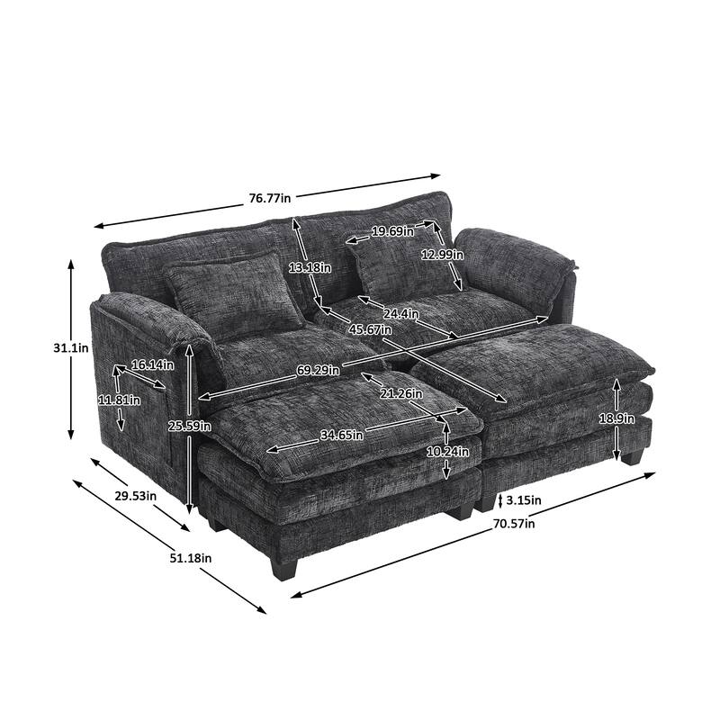 Chenille Sleeper Sofa Bed Deep Seat Loveseat Sectional Couch with Ottomans Chaise Lounge, Detachable Armrests and Side Pockets