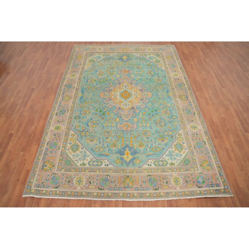 Hand Knotted Oriental 100% Wool Carpet Traditional Medallion Navy Blue & Blues Tabriz Area Rug - 11' 3'' X 7' 10''