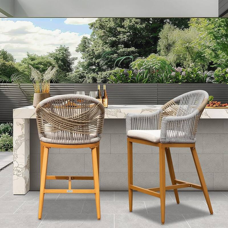 GDFStudio - Sienna Outdoor Aluminum Bar Stools Set with Cushions and Rope Backrest, Square-Back Boho Counter Chairs - Rounded Backrest (Khaki)