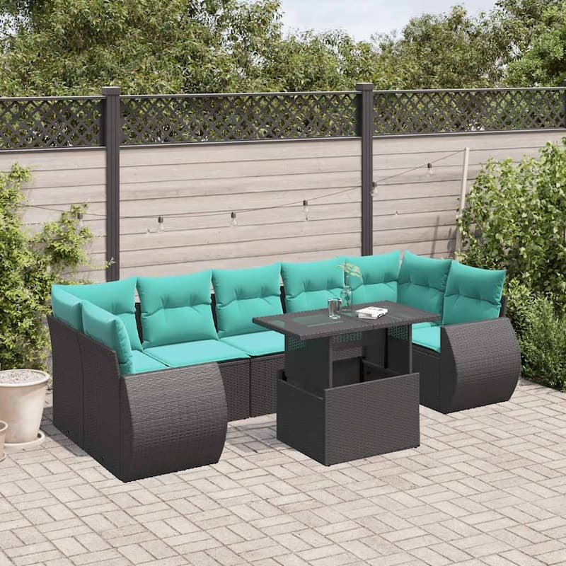 vidaXL Patio Sofa Set with Cushions and Table Outdoor 8 Piece Poly Rattan - 24.4 x 24.4 x 27.2 - Black without storage