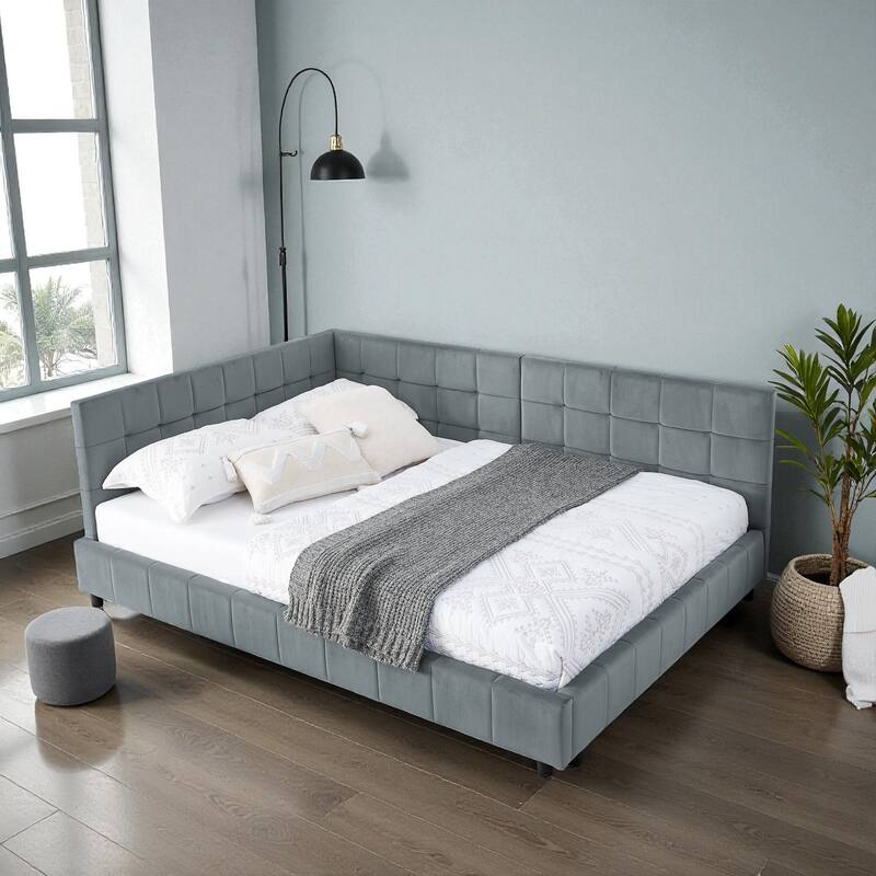 Full Size Velvet Upholstered Tufted Daybed Frame with Backrest and Armrest, Mid-Century Sofa Bed for Bedroom or Living Room - Grey - Full