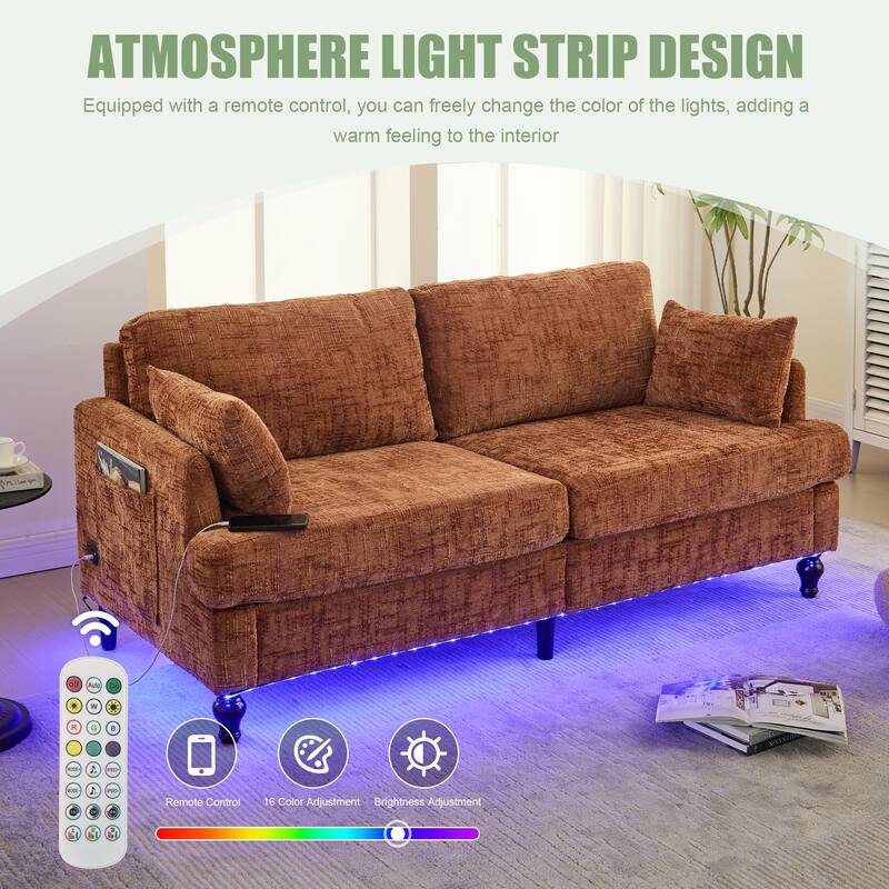Modern Style Chenille 2-Seater Wood-Legged Sofa With Led Light, Usb Charging Port And Storage Bag Living Room Bedroom Study Room