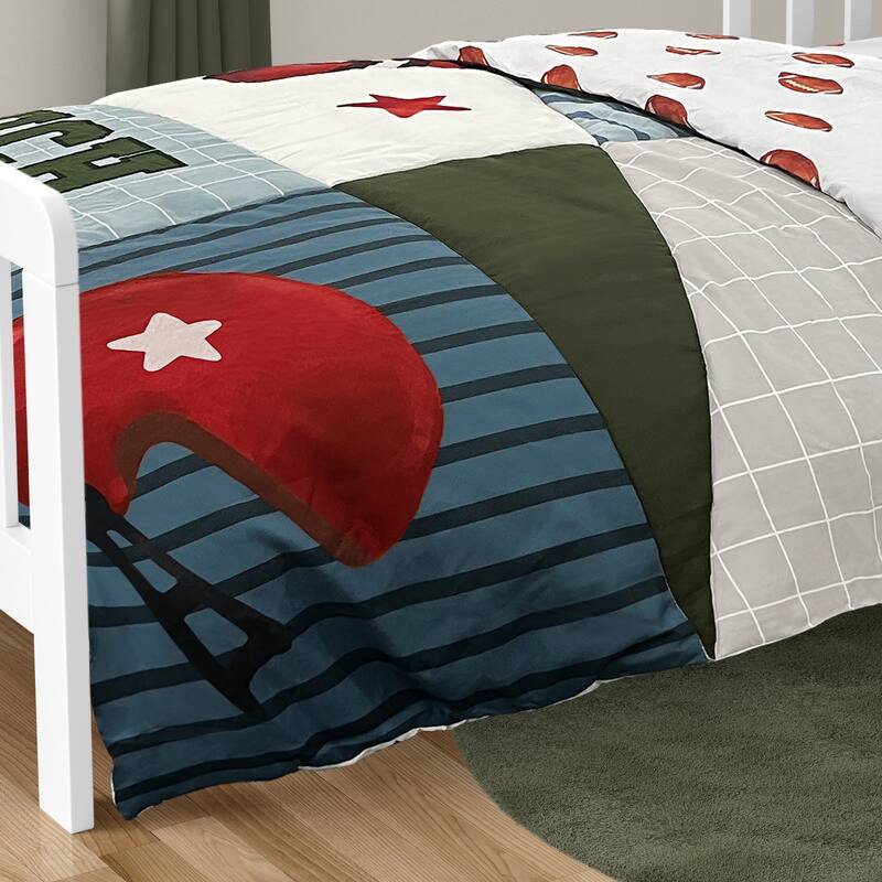 Sweet Jojo Designs American Football MVP Boy 5p Toddler-size Comforter Set Green Blue Red Vintage Helmet Field Goal Sports Stars