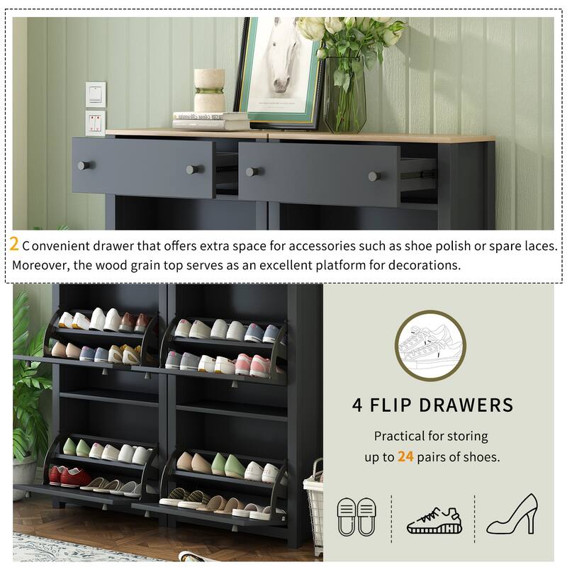 Modern 6-Drawer Slim Shoe Storage Rack Cabinet Set with Adjustable Shelves and Wood Grain Top, for Entryway Organization