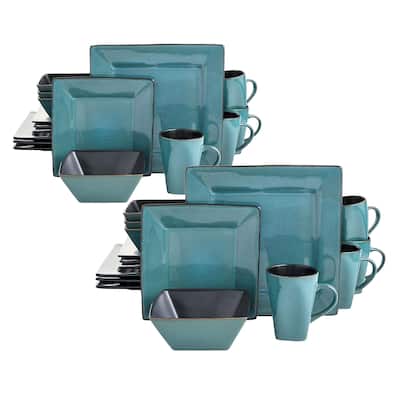 Gibson Elite Kiesling 16 Pc Plates, Bowls, & Mugs Dinner Set, Turquoise (2 Pack)