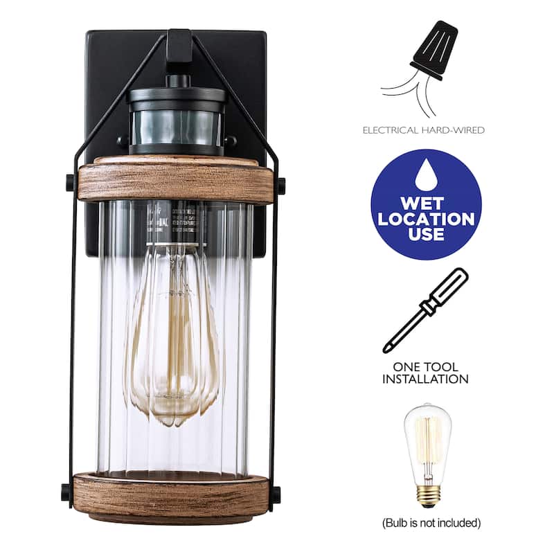 C Cattleya 2-Pack Black and Woodgrain Motion Sensor Dusk to Dawn Outdoor Wall Sconces Light