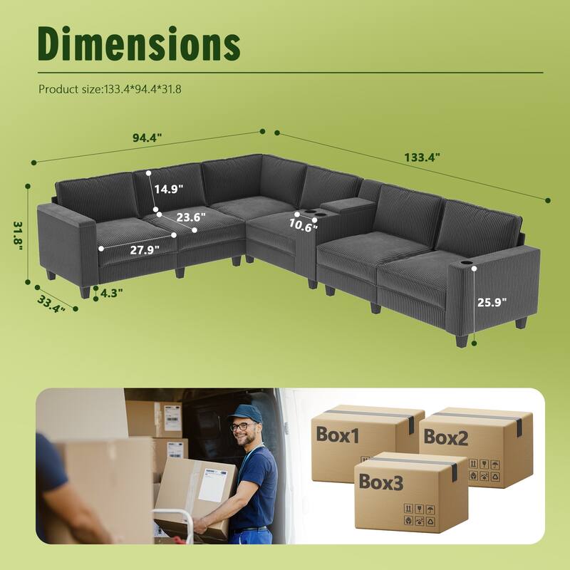 133.4" Corduroy L-Shaped Sectional Sofa with USB Charging and Storage, 6-Seater