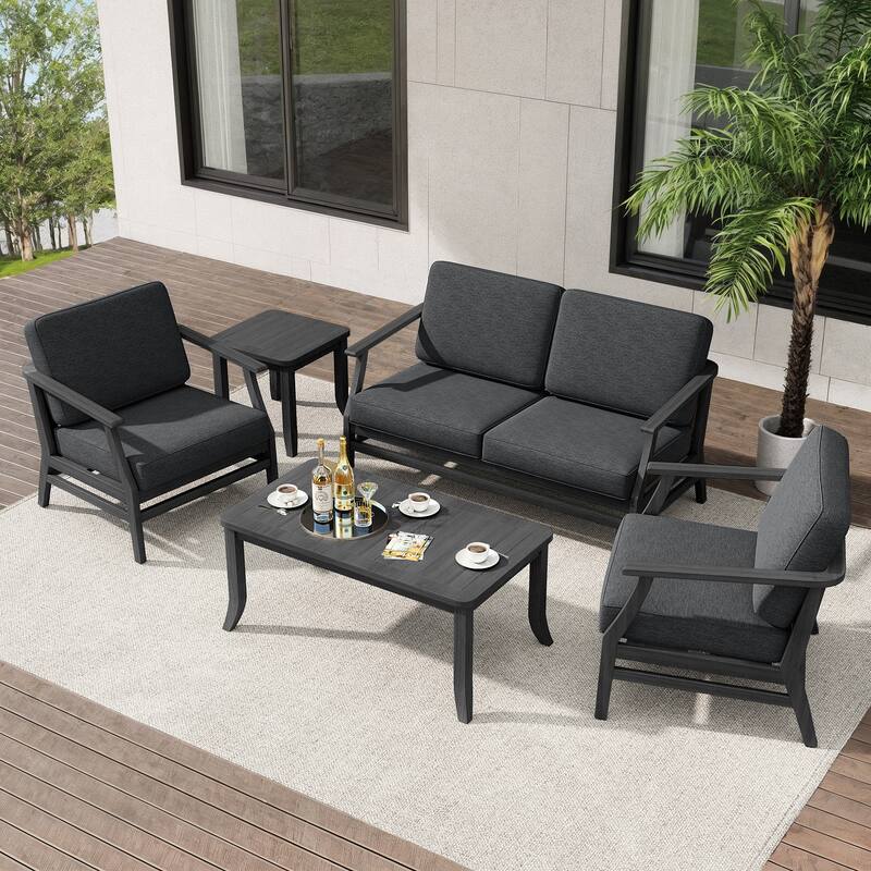 Teak Outdoor Patio Seating Set with Loveseat, Chairs and Tables (5-Piece)